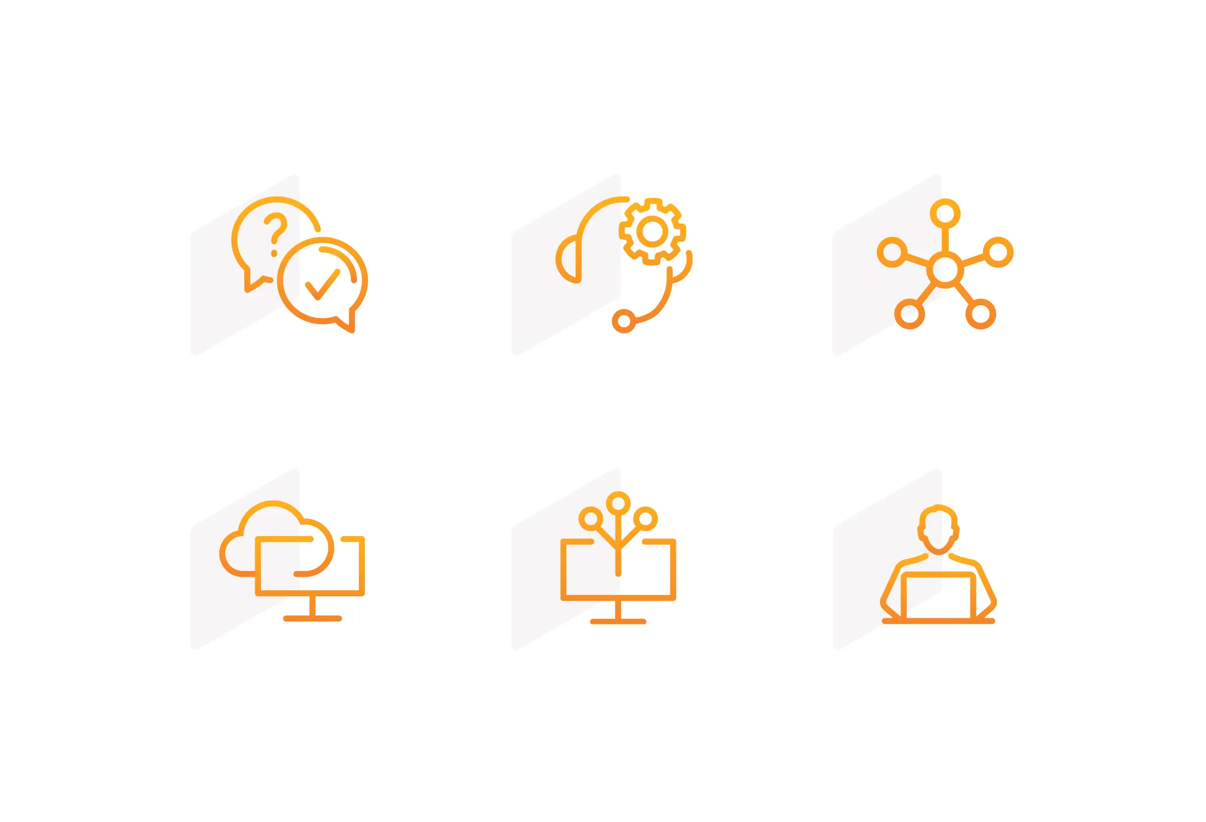 Set of minimalist business and technology icons representing support, networking, cloud computing, and digital collaboration.