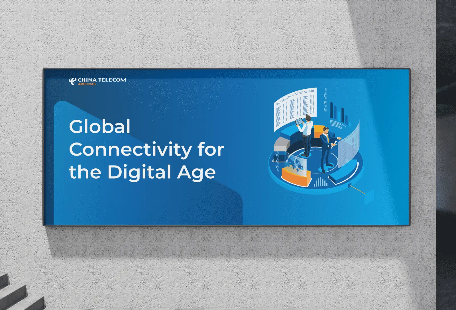 China Telecom Americas digital billboard promoting global connectivity solutions with business and technology-themed illustrations.