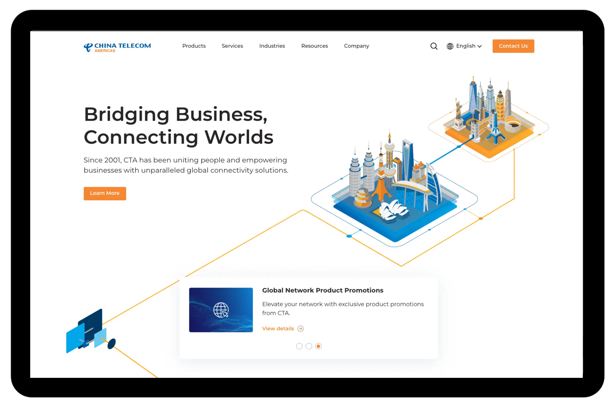 China Telecom Americas website interface showcasing global connectivity solutions with modern illustrations and business-focused messaging.