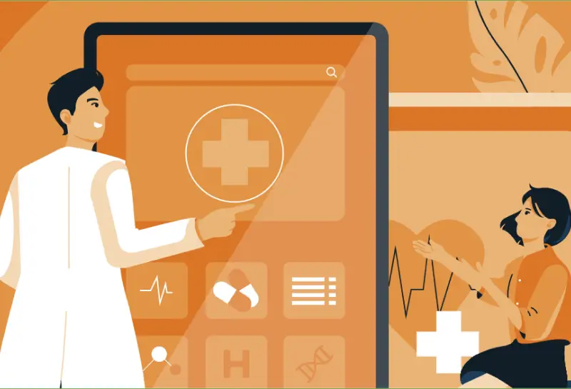 Illustration of healthcare professionals interacting with a large digital medical app interface featuring health and wellness icons.