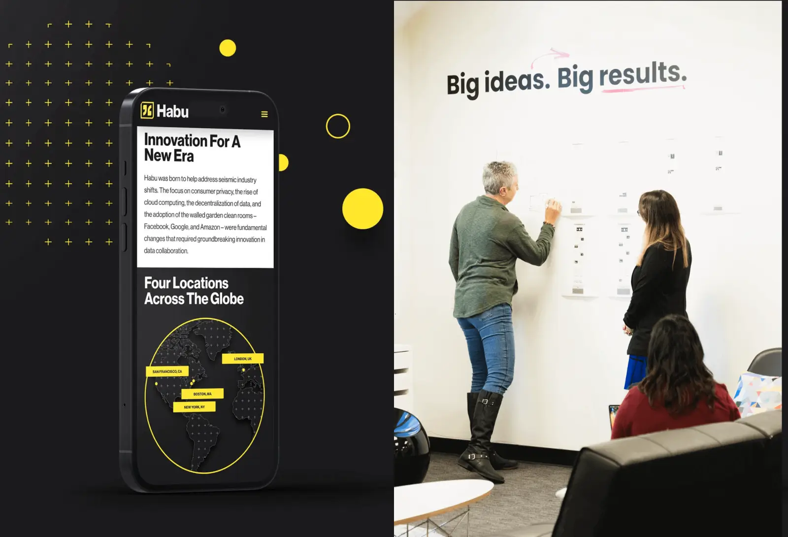 Habu mobile app interface showing innovation and global presence, alongside a team brainstorming session under the slogan "Big ideas. Big results.