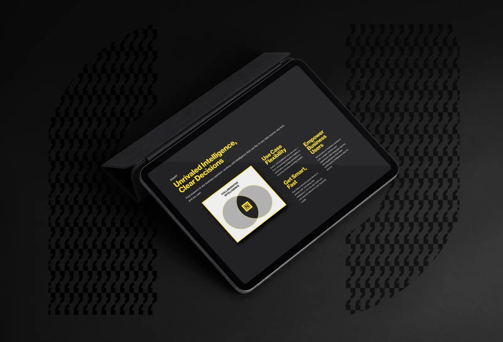 Tablet displaying Habu data intelligence and collaborative analytics interface with black and yellow branding on a dark background.
