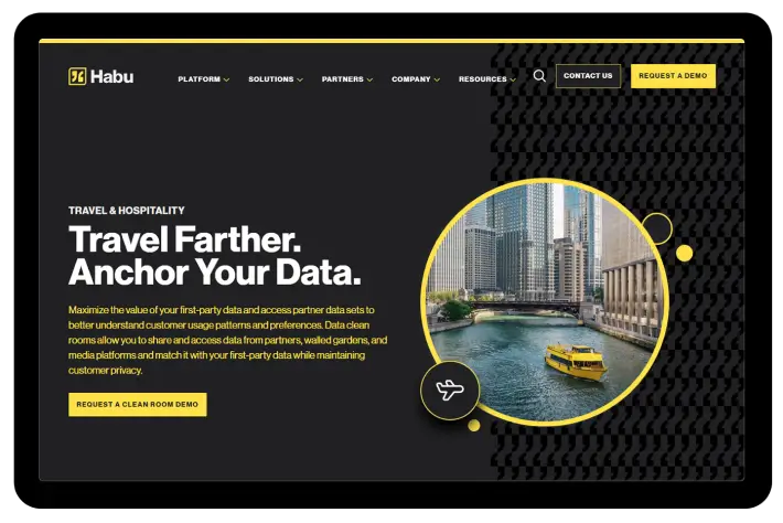 Habu travel and hospitality landing page showcasing customer data collaboration solutions with city canal imagery and black-yellow branding.