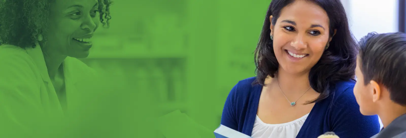 Healthcare professional smiling while speaking with a patient in a welcoming clinical environment with a green overlay background.