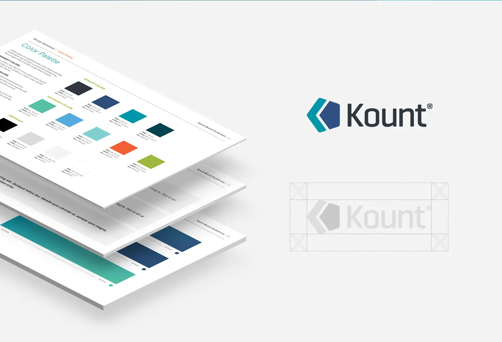 Kount brand identity design with logo and color palette presentation
