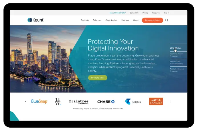 Kount website displayed on a desktop screen