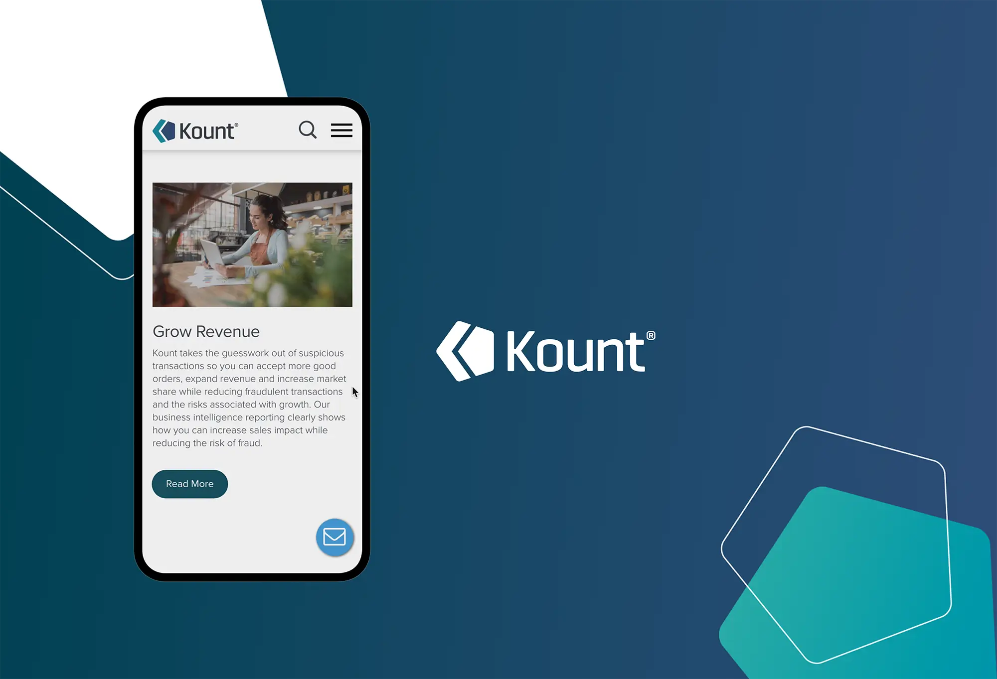 Kount mobile website displayed on a smartphone with brand logo on a blue gradient background