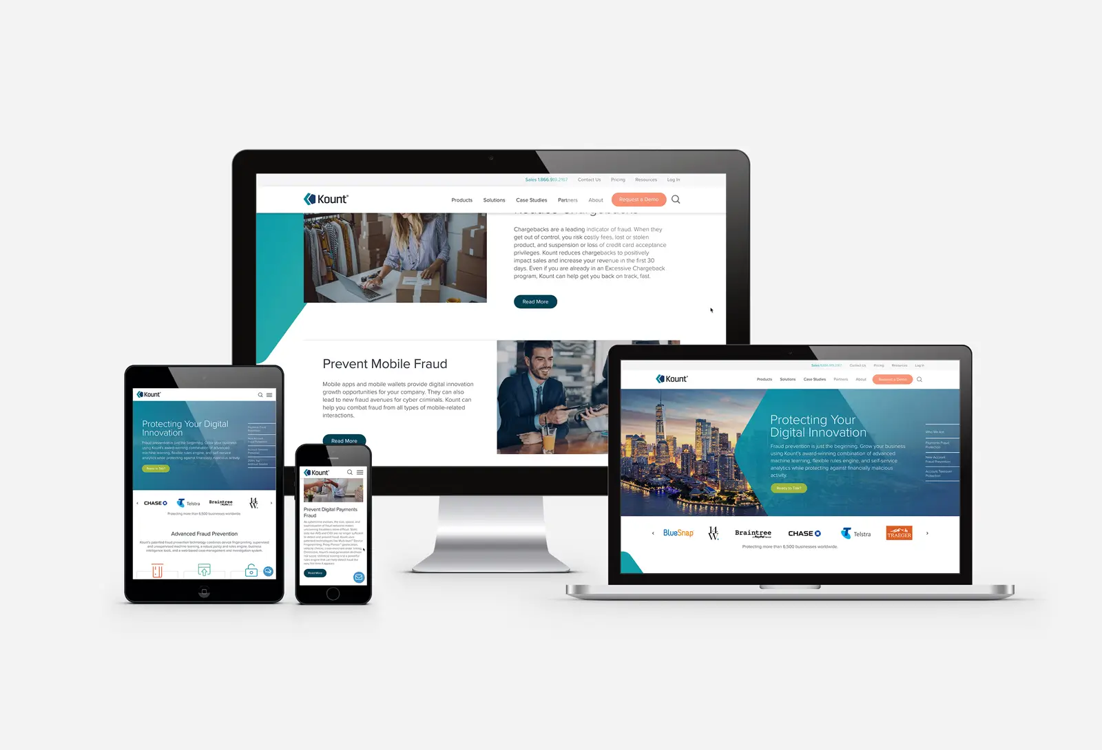 Kount website displayed across desktop, laptop, tablet, and mobile devices