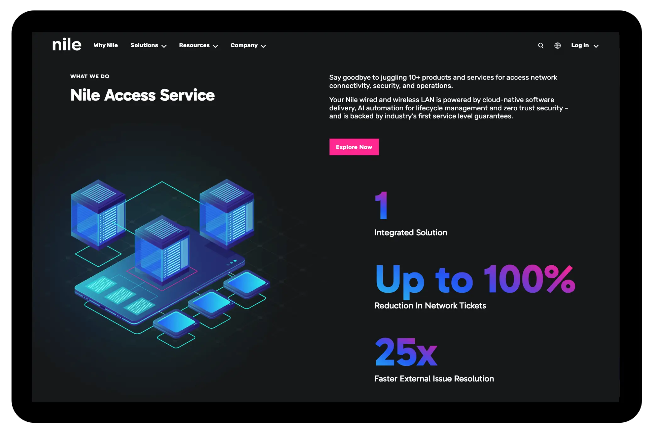 Nile Access Service webpage displayed on a tablet screen featuring network infrastructure visuals and performance statistics on a dark interface.