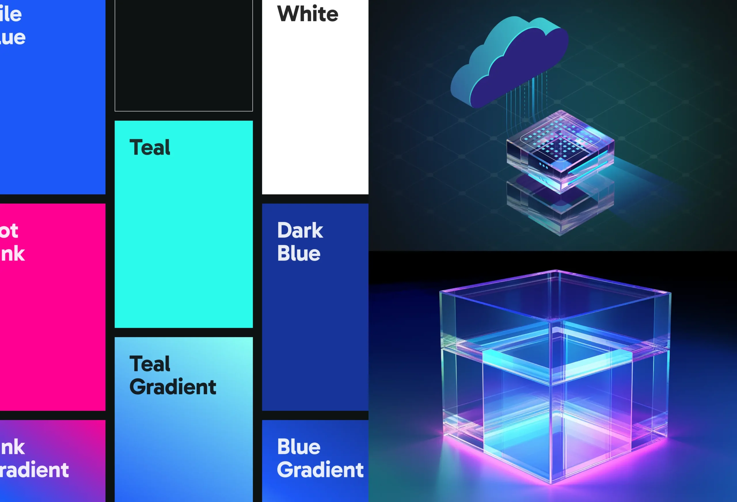 Nile brand design system featuring color palettes, gradient styles, and futuristic 3D network-inspired illustrations on a dark background.