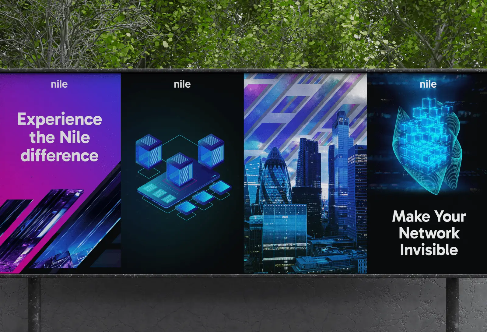 Large outdoor digital billboard featuring Nile branding with futuristic network visuals, city imagery, and bold promotional messaging.