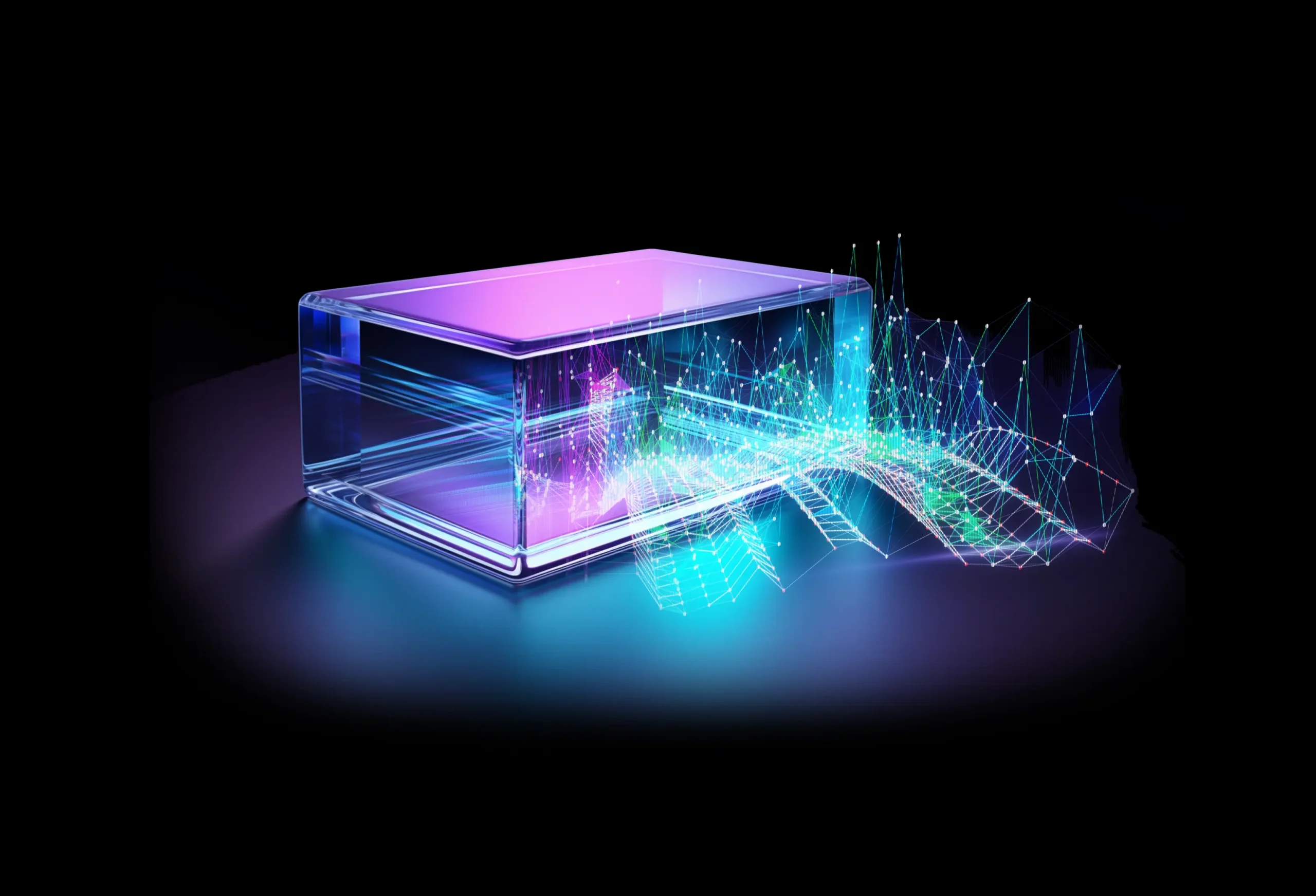 Glowing futuristic 3D glass structure with abstract network connections and neon light effects on a dark background.