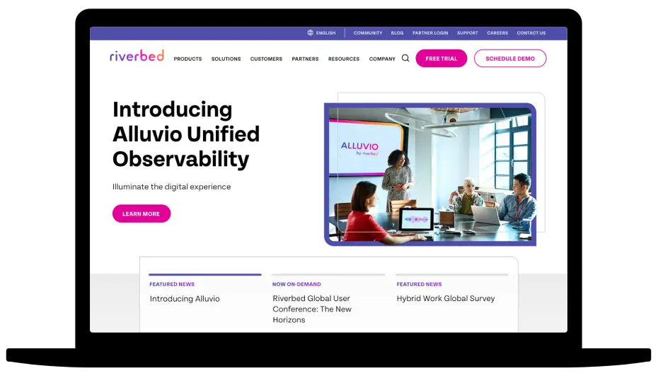 Riverbed website displayed on a laptop showcasing the Alluvio Unified Observability platform with modern enterprise interface design.