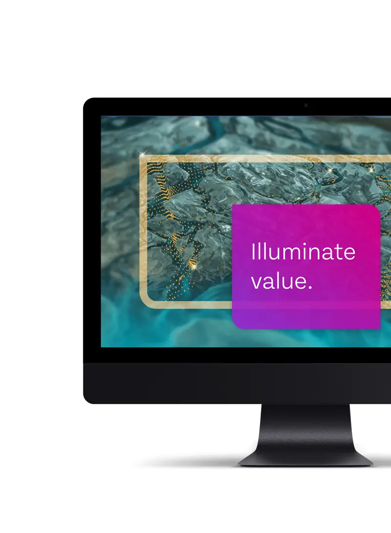 Desktop monitor displaying Riverbed branding with “Illuminate value” message over an abstract digital landscape background.