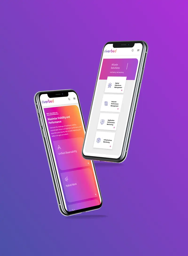 Floating smartphones displaying Riverbed mobile interface designs with observability and performance management features on a purple gradient background.