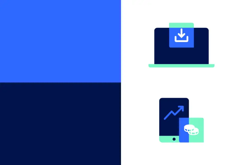Sift brand color palette with blue and navy swatches alongside icons representing file download and mobile growth analytics.