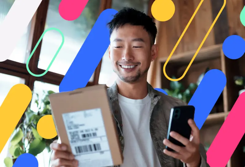 Smiling man holding a package and phone surrounded by colorful Sift branded shapes, representing a positive online shopping experience.