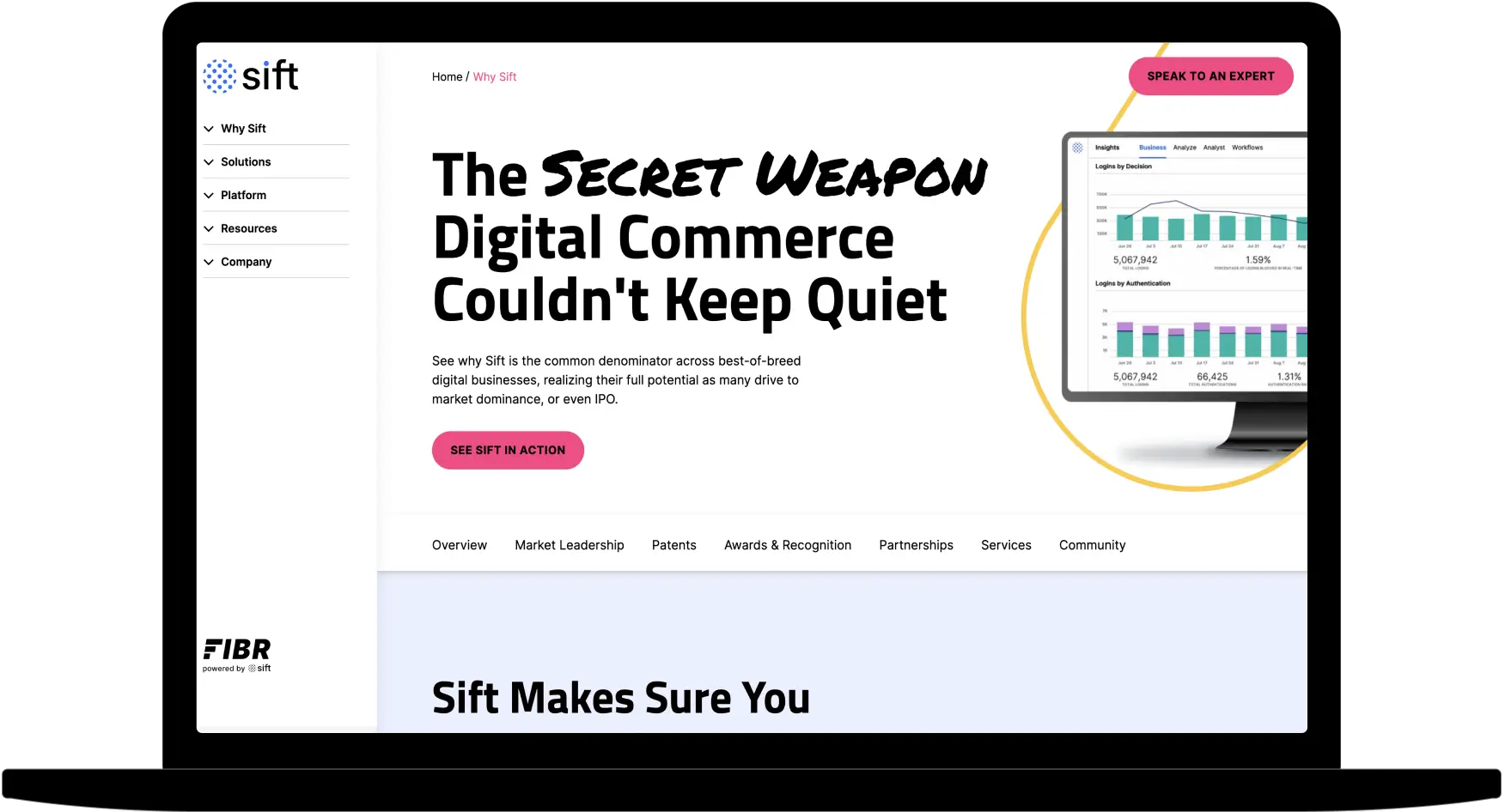 Laptop displaying the Sift website homepage with the headline "The Secret Weapon Digital Commerce Couldn't Keep Quiet and a login analytics dashboard.