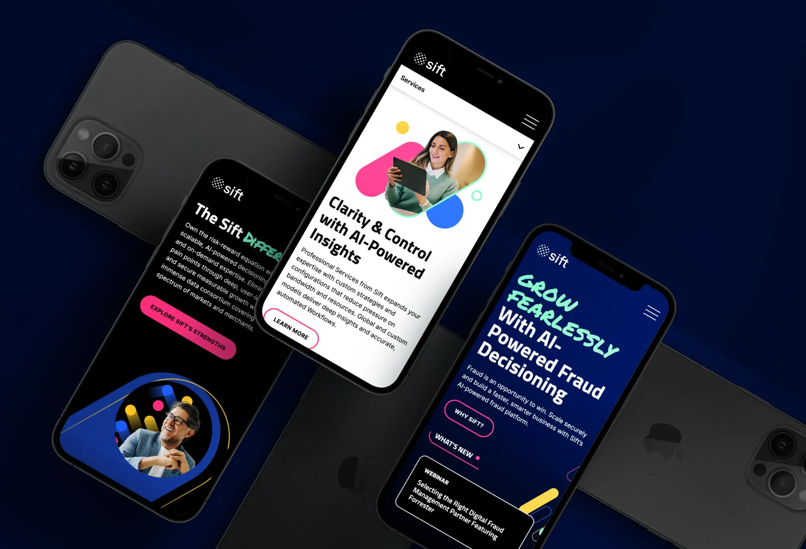 Three iPhones displaying different Sift website pages including the homepage, services, and Sift Difference sections on a dark background.