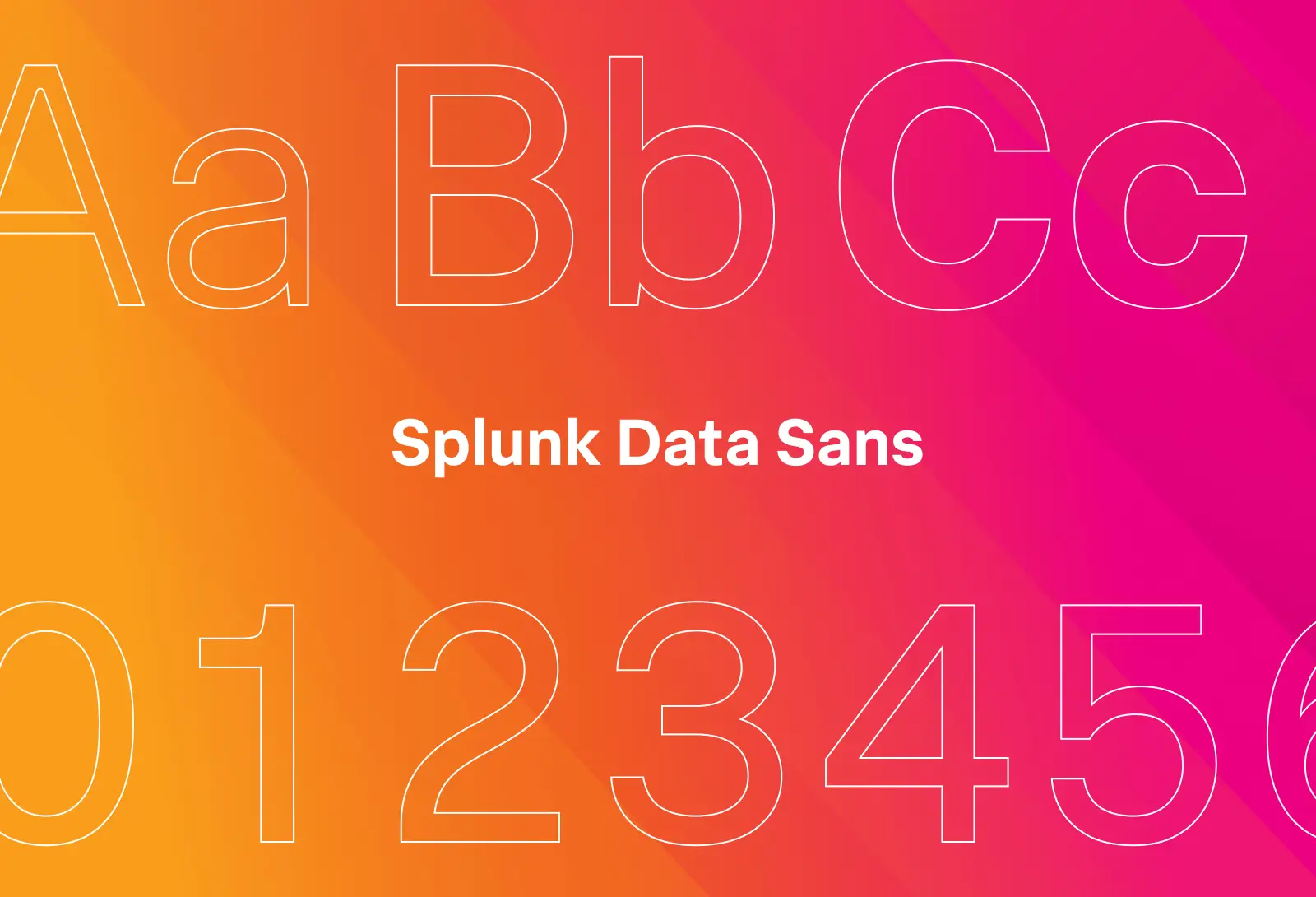 Splunk Data Sans typeface showcased with letters and numbers on a vibrant orange to pink gradient background.