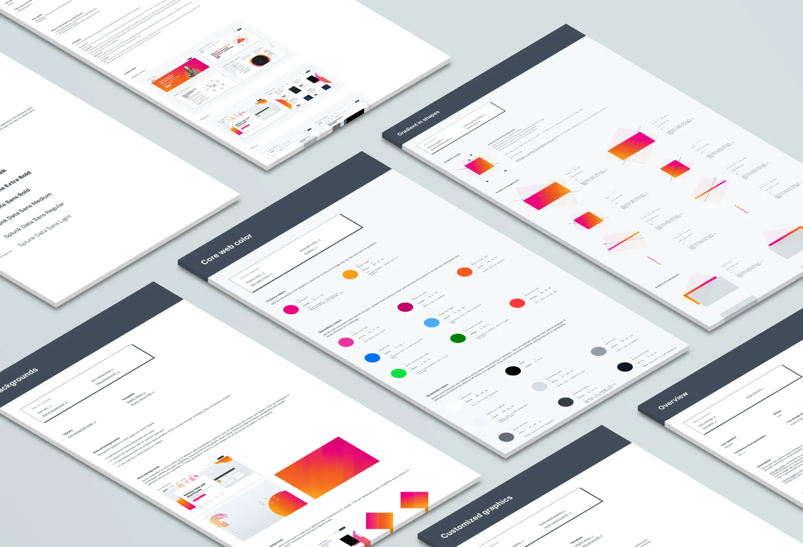 Splunk design system documentation spread showing color palettes, typography, gradients, and customized graphic guidelines.