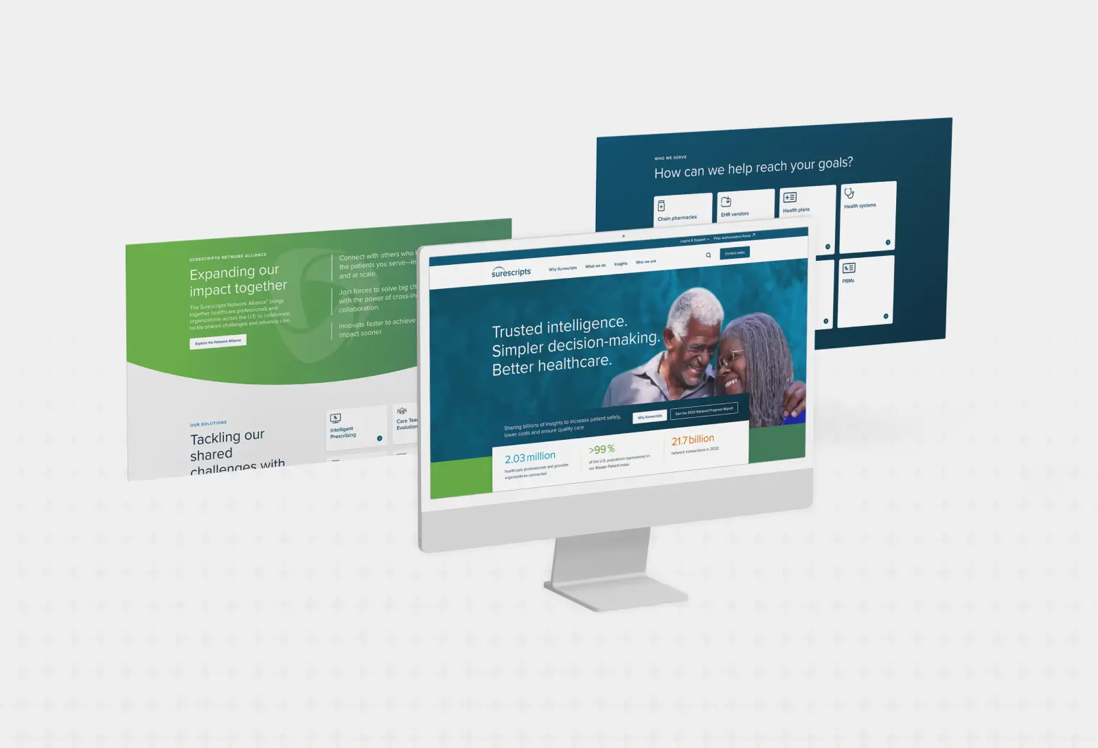 Surescripts healthcare platform interfaces displayed on desktop screens featuring modern website layouts and healthcare-focused content.