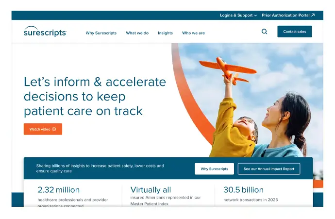 Surescripts healthcare website homepage featuring a professional interface with branding, navigation menu, and a healthcare-focused banner image.