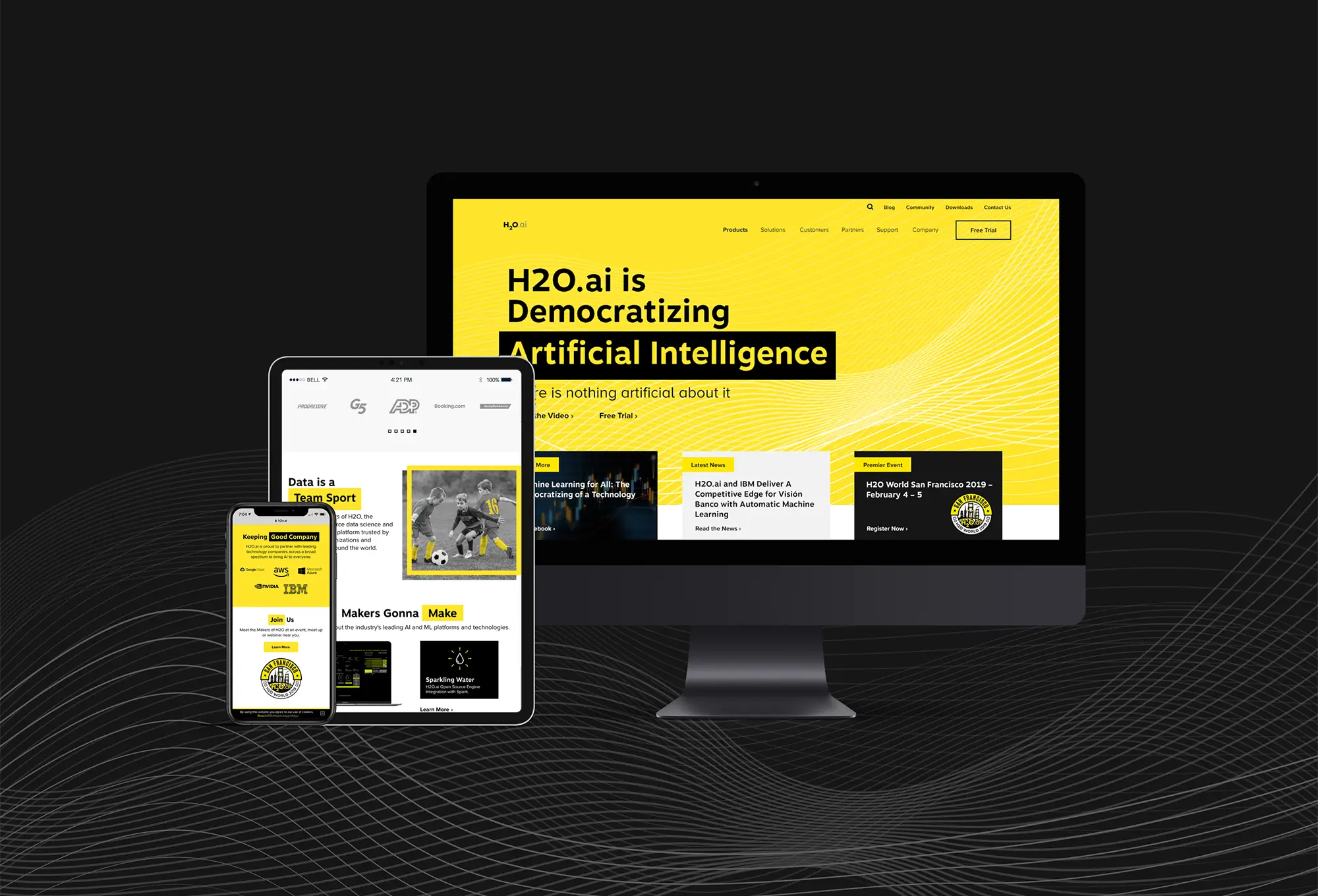 Desktop monitor, tablet, and smartphone on dark wavy background displaying H2O.ai website with bold yellow “H2O.ai is Democratizing Artificial Intelligence” hero section.
