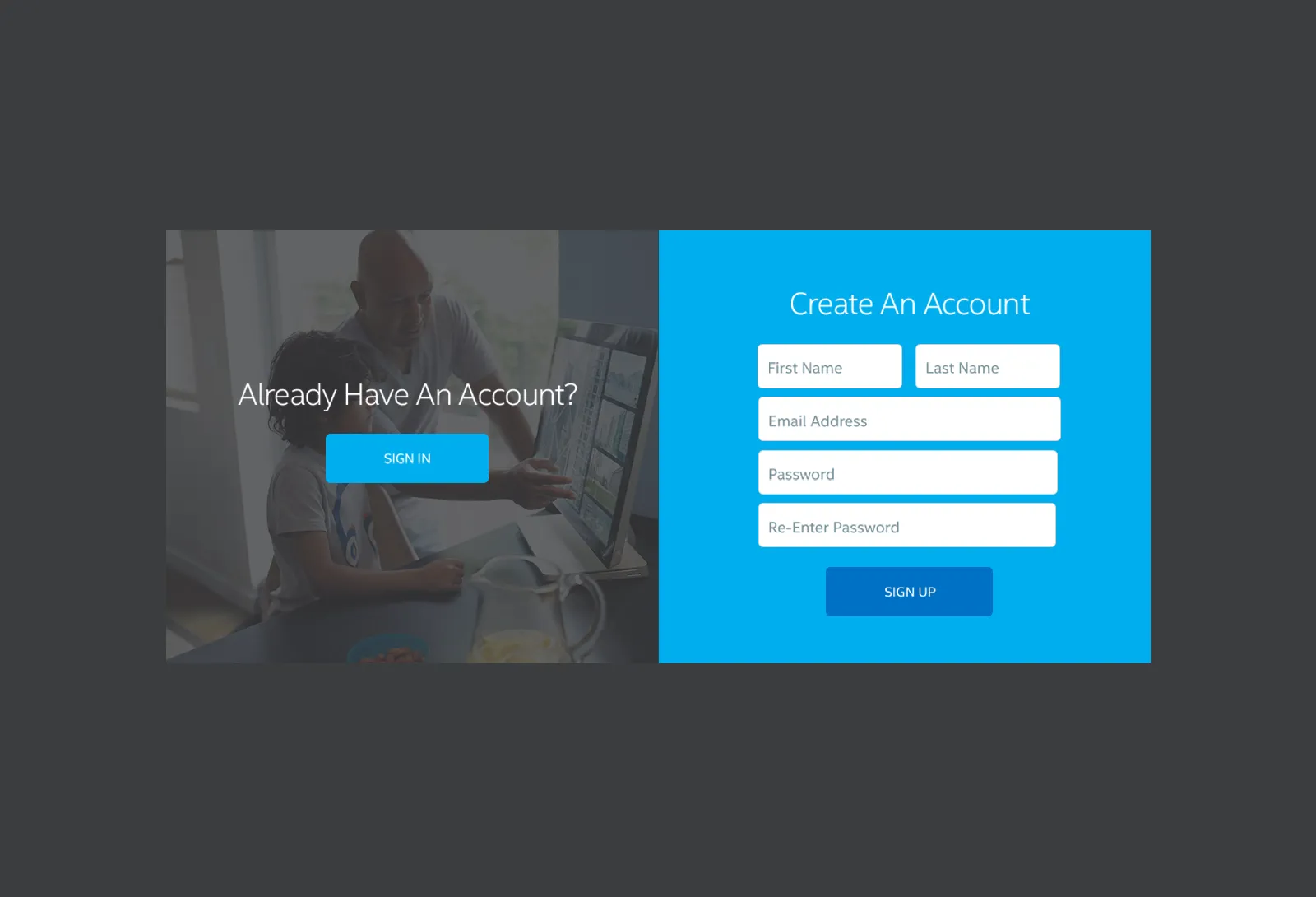 Modern account sign-in and registration interface design with blue theme.
