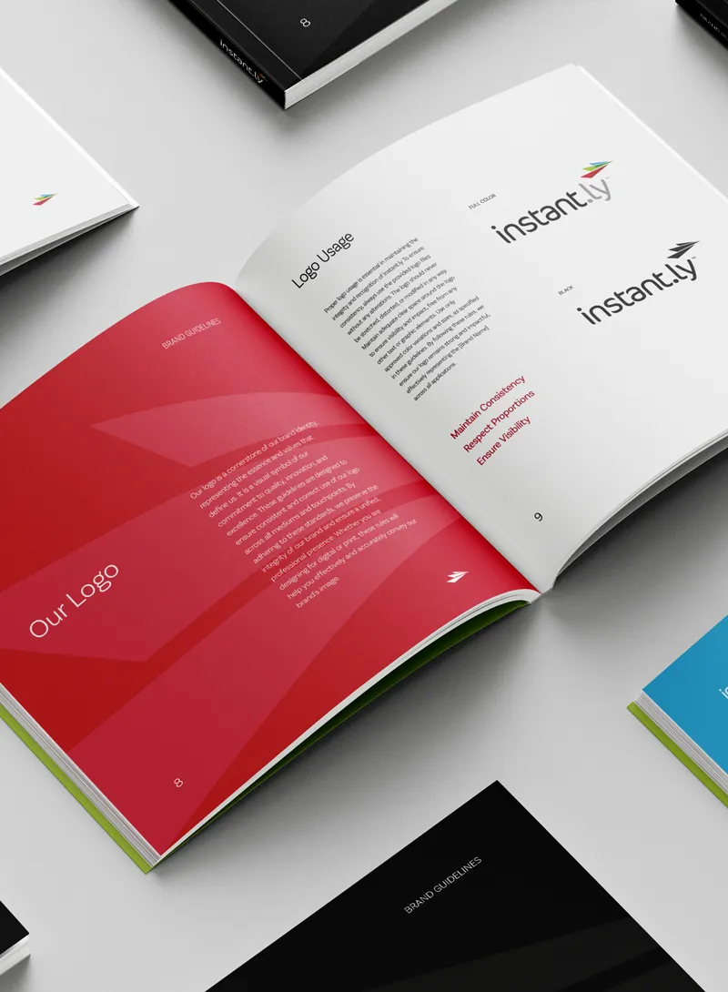 Open brand guidelines booklet showcasing Instant.ly logo usage and branding standards.