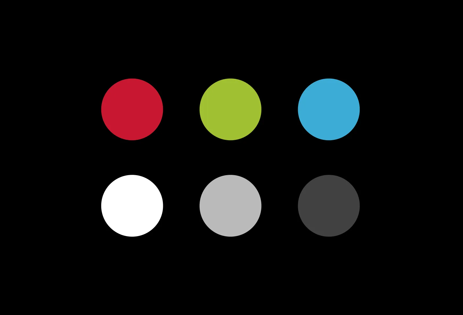 Brand color palette featuring red, green, blue, white, light gray, and dark gray swatches.