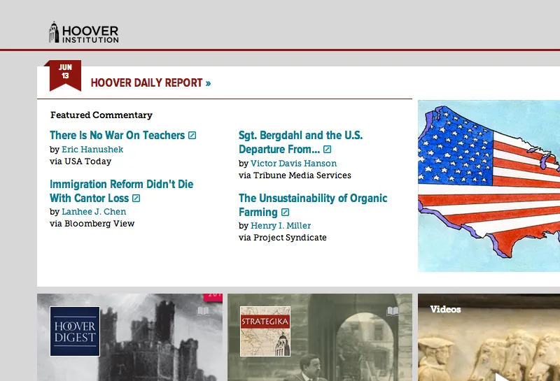 Hoover Daily Report section featuring commentary articles and media highlights.