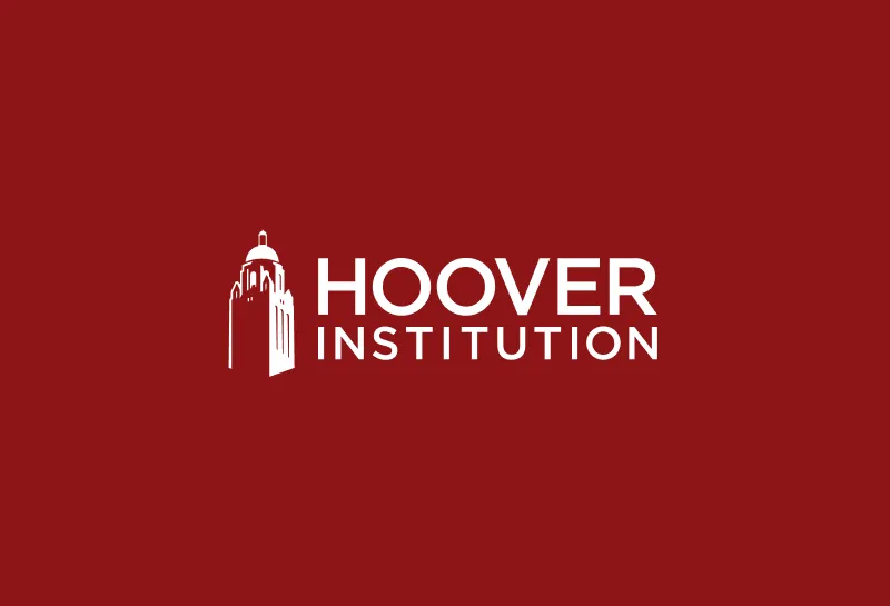 Hoover Institution white logo on red background.
