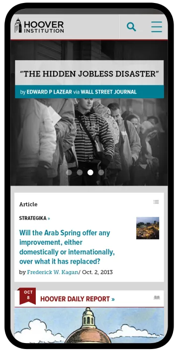 Hoover Institution mobile news and article interface.