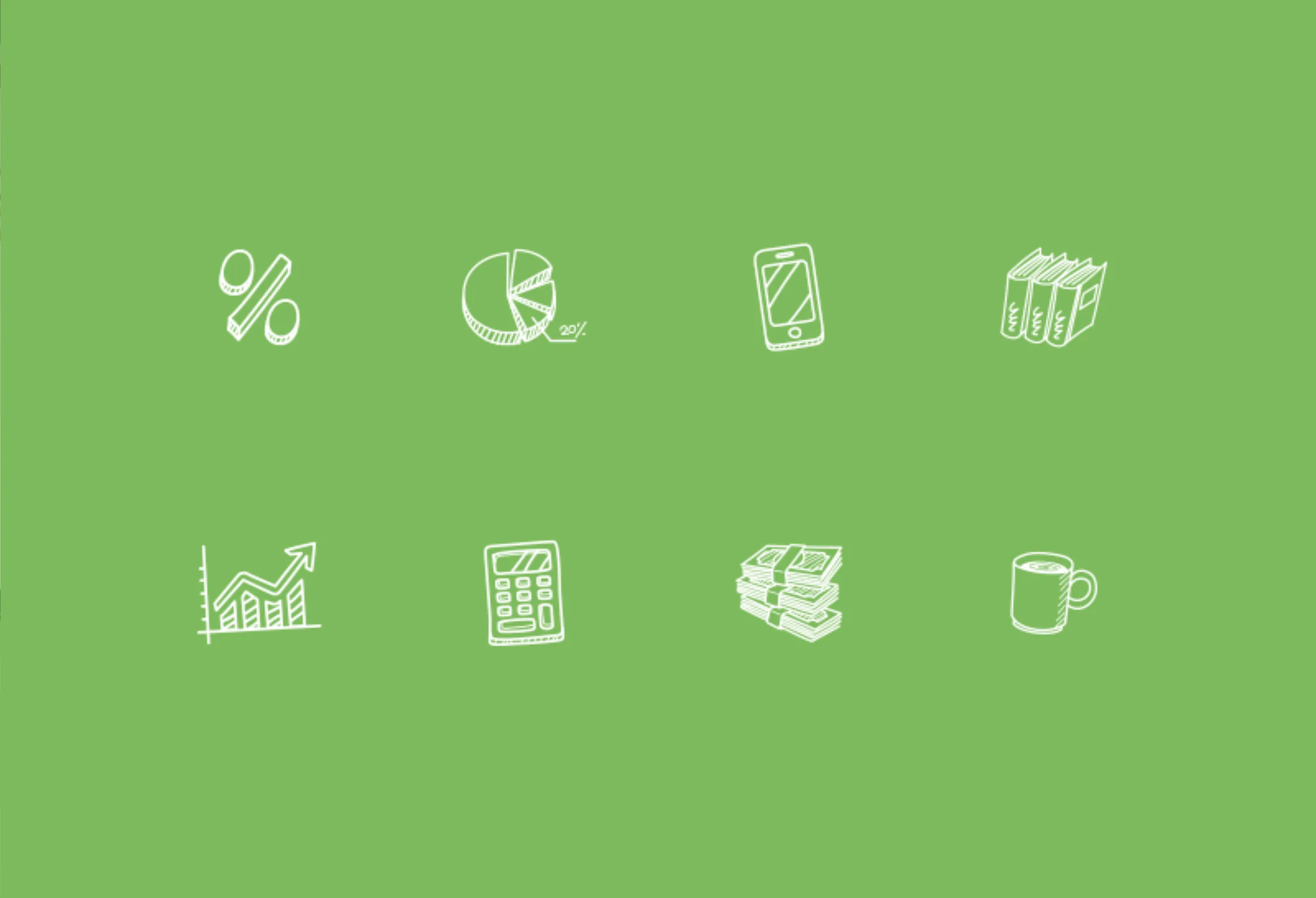 Collection of hand-drawn business and finance icons on a green background.