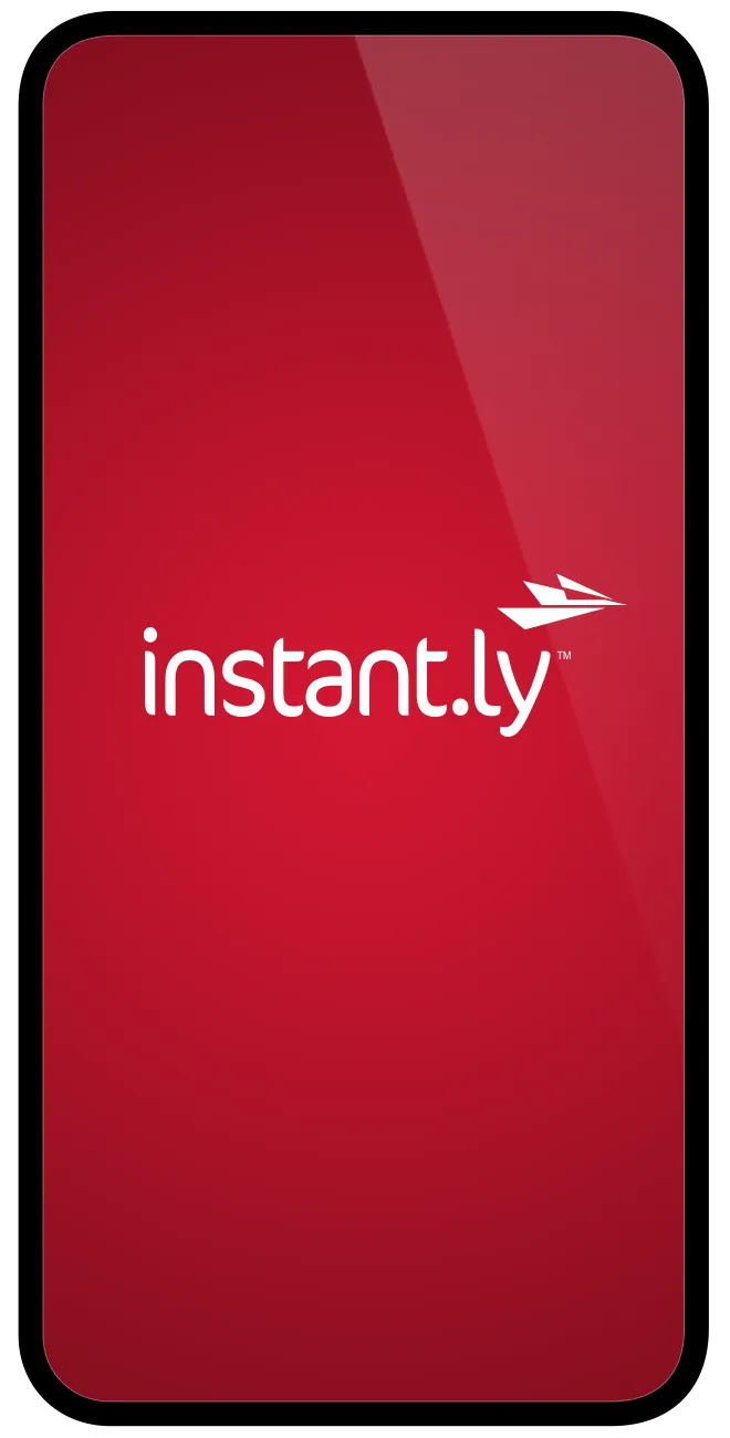 Instant.ly mobile app splash screen displaying the brand logo on a red background.