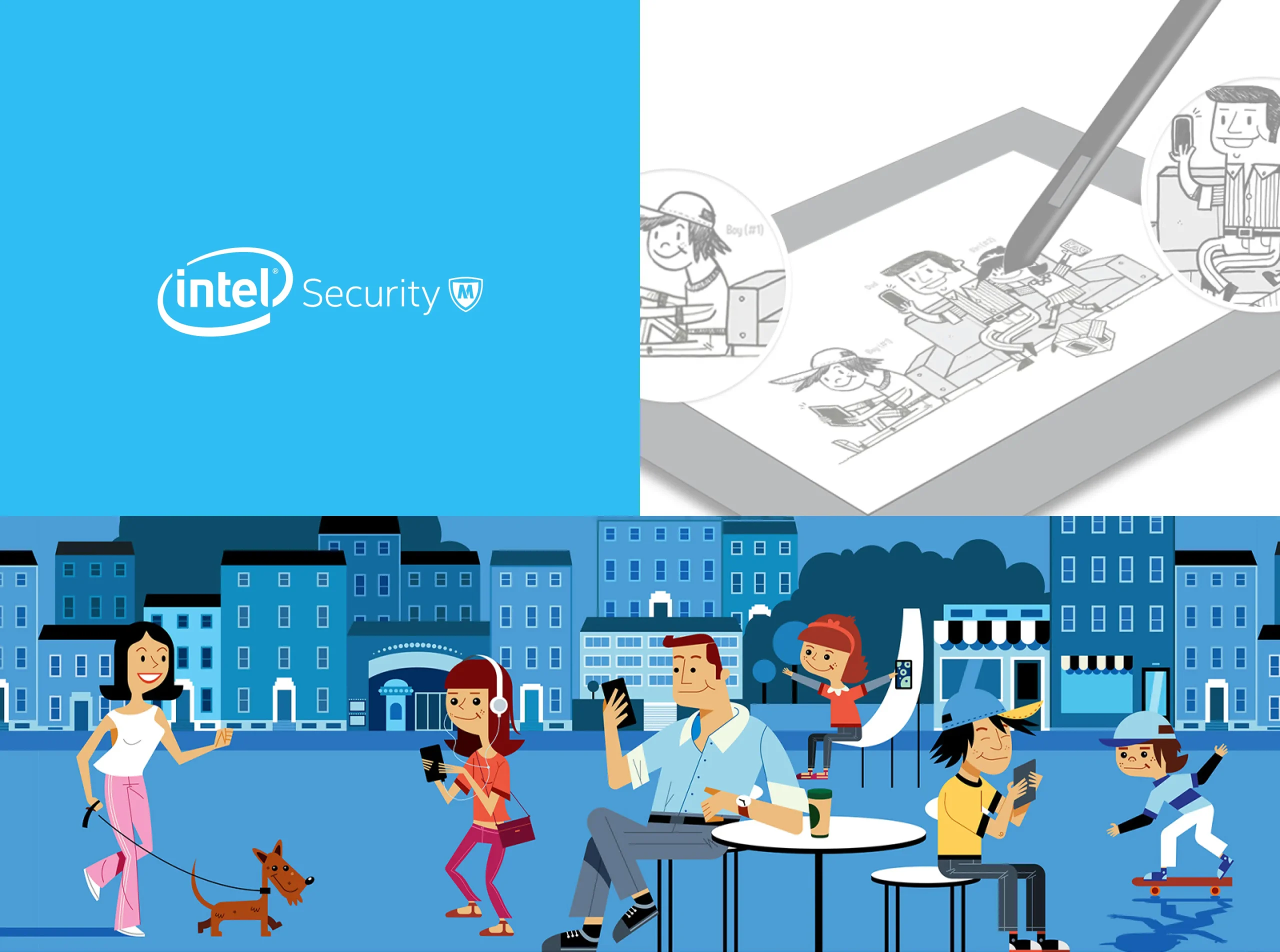 Intel Security illustration featuring connected digital lifestyle and device usage scenes.
