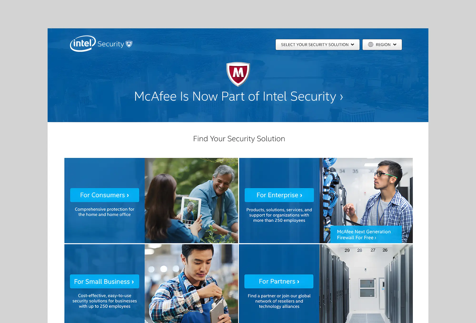 Intel Security and McAfee solutions webpage interface for consumers, enterprise, small business, and partners.