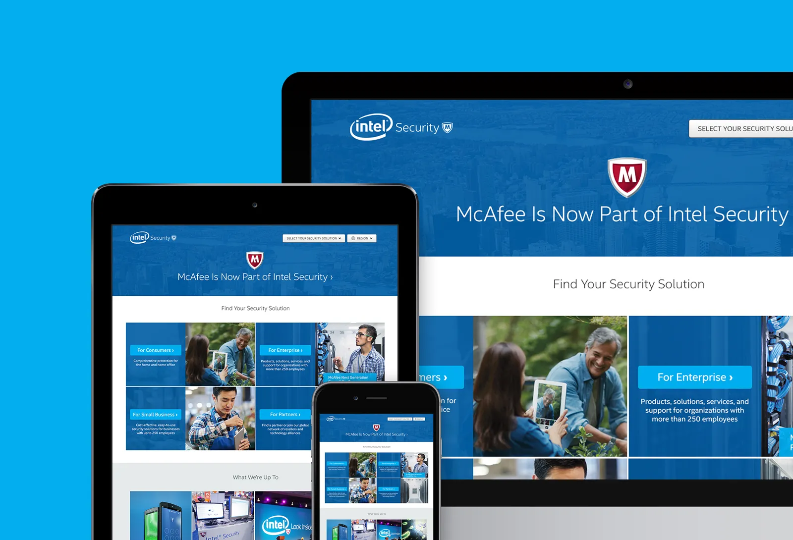 Responsive Intel Security and McAfee website displayed across desktop, tablet, and mobile devices.
