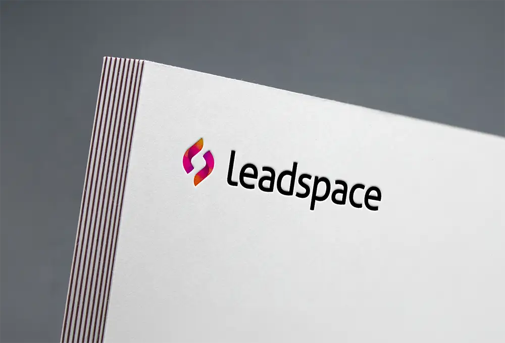 Close-up of the Leadspace logo printed on a branded document.