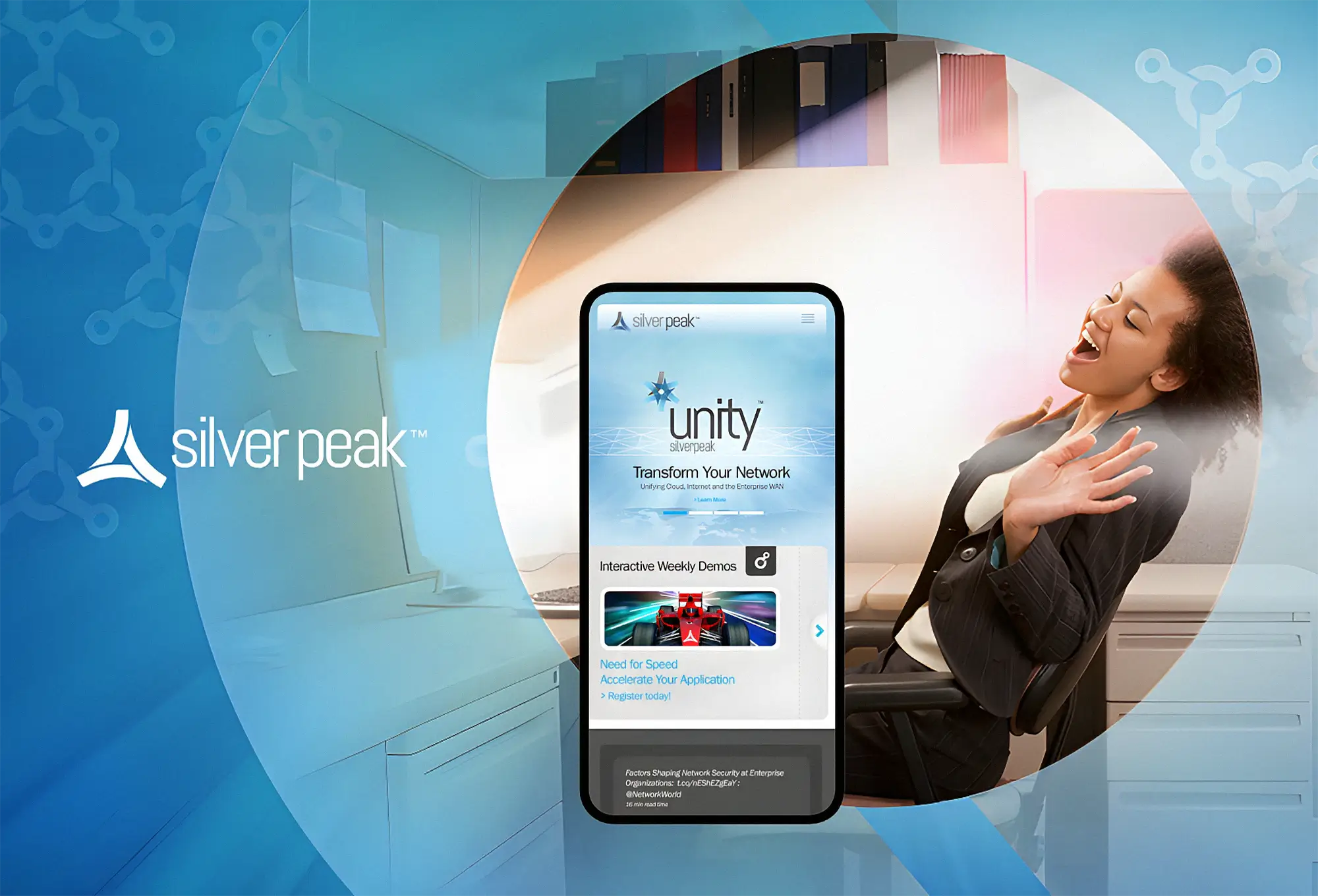 Silver Peak mobile website displayed on a smartphone alongside a professional in an office setting.