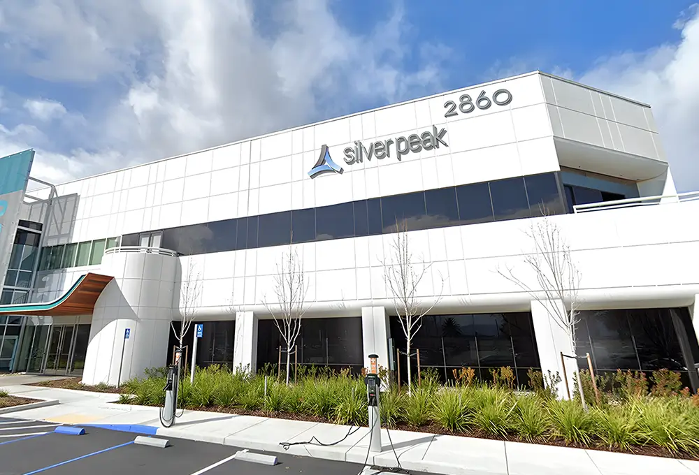Exterior view of the Silver Peak corporate office building with company branding on the facade.