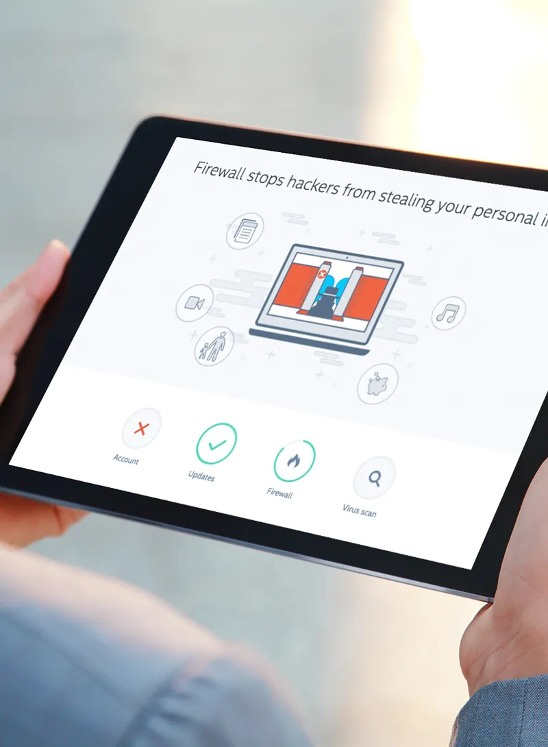 Tablet displaying a firewall and cybersecurity protection interface with security status icons.